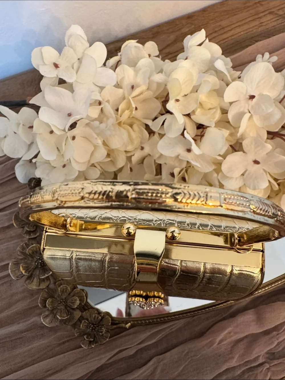 Metallic Gold Croc-Embossed Top Handle Bag with Crystal Clasp